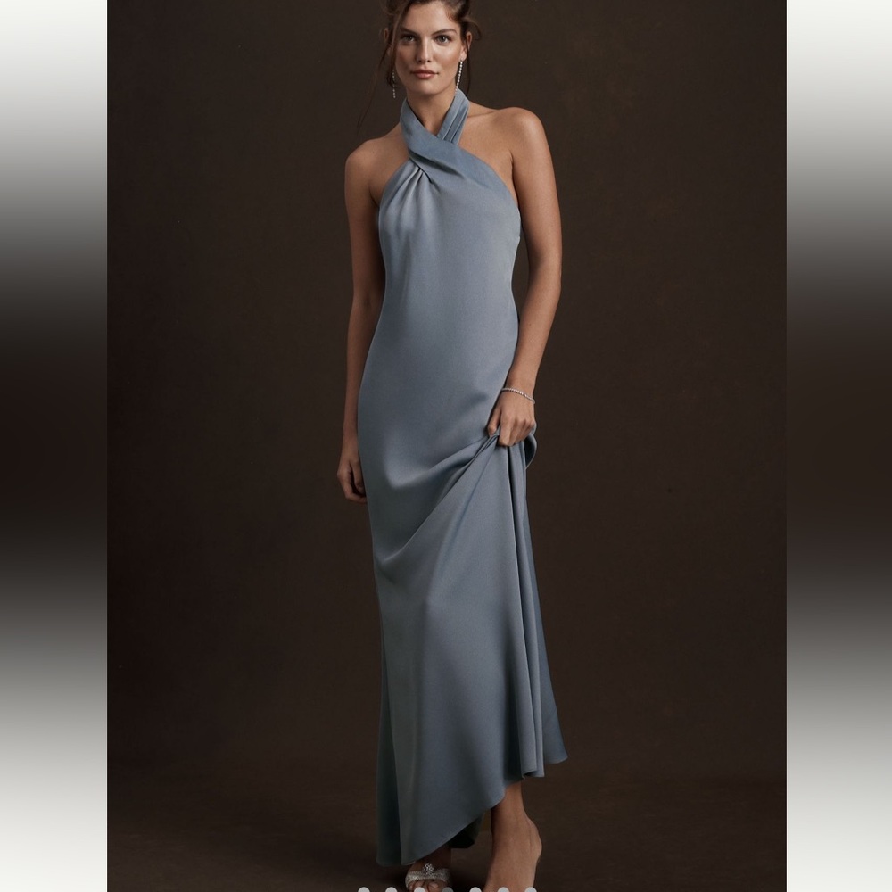 BHLDN Ruby Twist Halter Satin Gown in Size 2 Dusty Blue Worn Once & Dry Cleaned